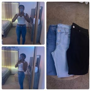 Dark , light and black skinny jeans.